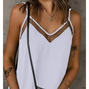 NWOT Plus Size 1X White Elegant Strap Tank Black Mesh Accent Curvy